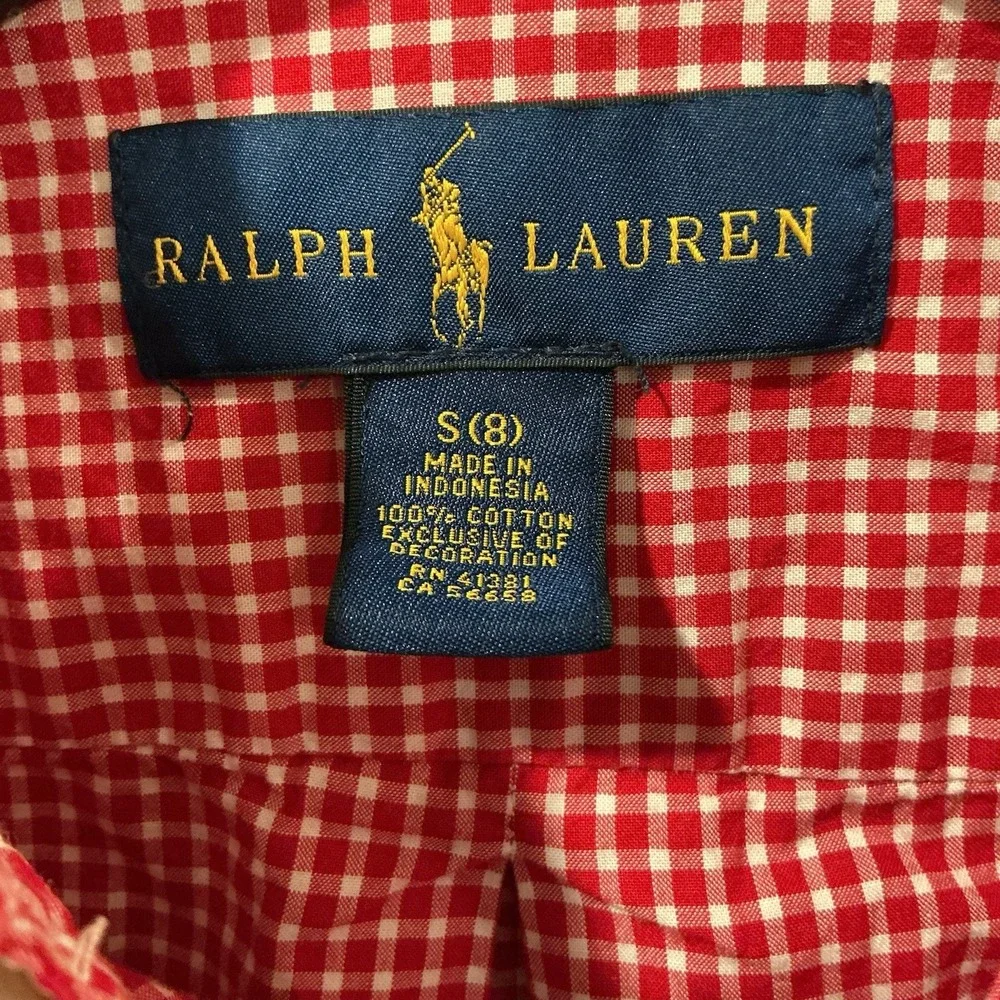 Ralph Lauren Kids Red Gingham Oxford Button Down Shirt Long Sleeve Size 8 Preppy
